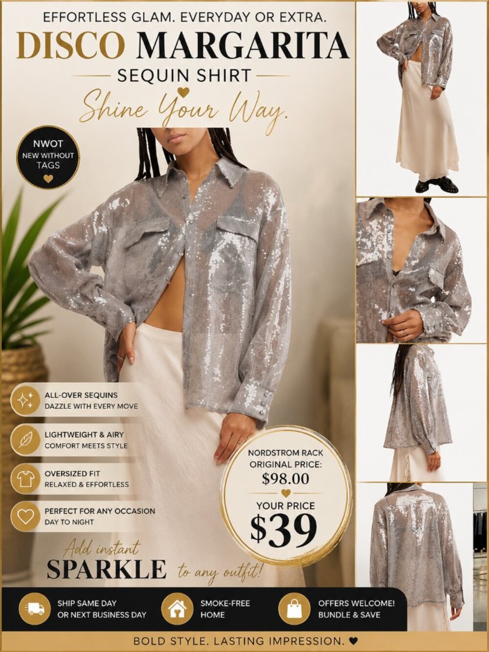 Free People Disco Margarita Silver Sequin Oversized Shirt NWOT